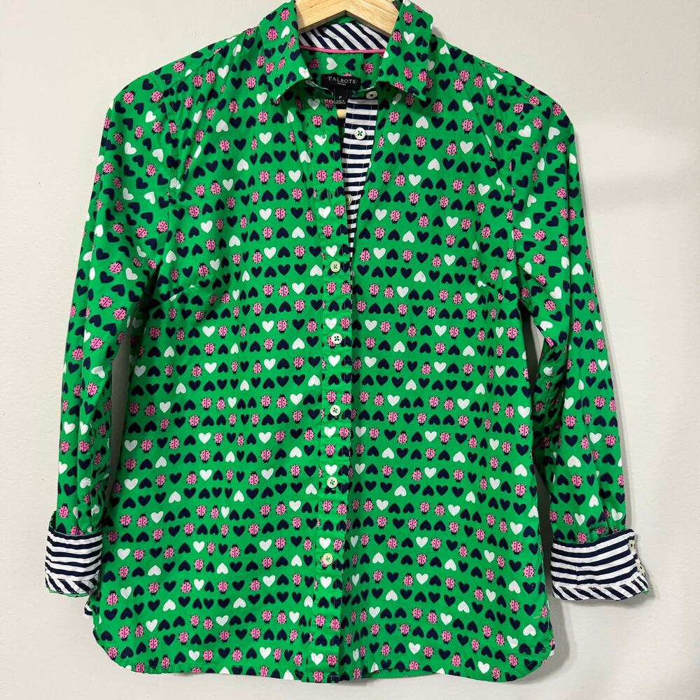 Talbots Top Size P Button Down Green Ladybug Hear… - image 3